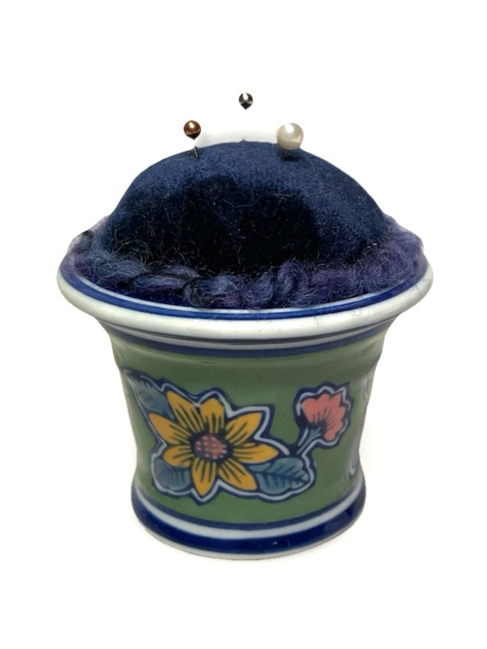 Ceramic Floral Pin Cushion - Blue & Green.  Velvet top to hold pins